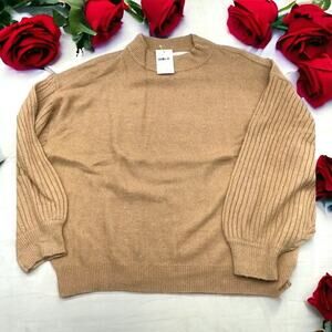 All In Favor Womens Size Large Knit Sweater Tan Beige Puff Bishop Sleeves